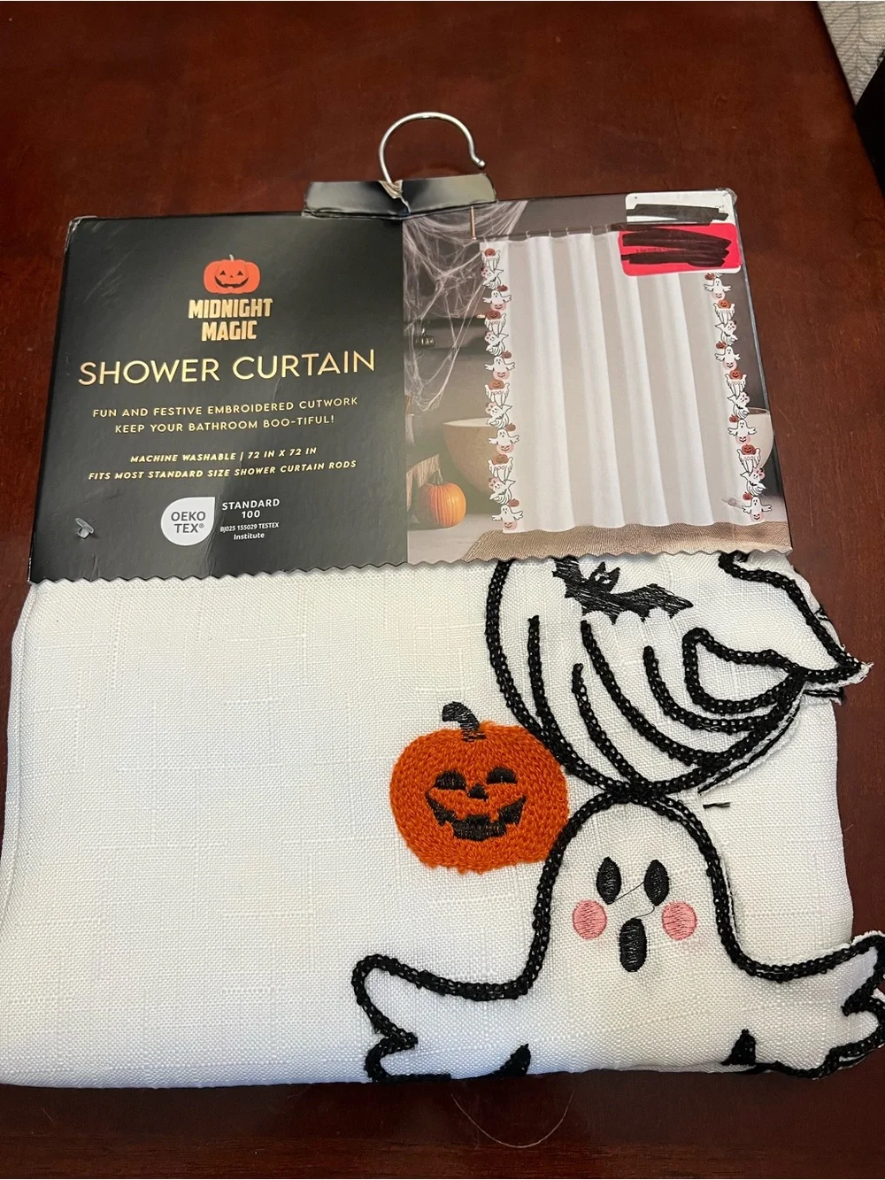 Magic White Embroidered Halloween Shower Curtain with Ghosts & Pumpkin